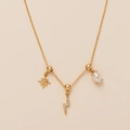 Gold necklace with star, lightning bolt zircon, and teardrop pearl charms - Lightning Star - Gold