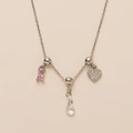 Zilveren ketting met roze kristal, druppelvormige steen en hartvormige hanger - Waterdruppel Vierkant Zirkoon - Zilver