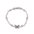 Detail of silver butterfly bracelet with purple zircon wings and pink heart stones - Silver Hollow Butterfly Bracelet