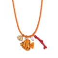 Detail of vibrant orange rope necklace with gold fish, pearl, and coral charms - Orange (Fish)