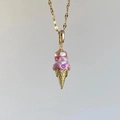 Pink pearl ice cream cone pendant necklace with gold chain and small gemstones - Gold Ice Cream Necklace / Gold