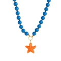 Detail of blue beaded ocean necklace with a textured orange starfish pendant on white background - Orange Starfish