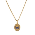 Vintage gold oval necklace with blue painted butterfly and sparkling rhinestone trim - Butterfly