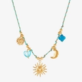 Bohemian multi-pendant necklace with sun, moon, and heart charms on colorful rope - Green Rope Sun Necklace