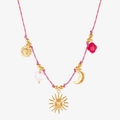 Colorful woven cord necklace featuring sun and moon pendants with red clover gemstone - Red Rope Sun Necklace
