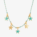Marine style woven cord necklace featuring blue enamel and gold starfish pendants - Green Rope Starfish Necklace
