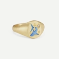 Matte gold signet ring with blue hand-painted shark and diamond star detail - Shark Pattern / Gold