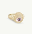 Golden signet ring with Hamsa Hand and Evil Eye design featuring pink and blue enamel - Gold