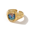 18K gold plated adjustable ring with blue-pink floral enamel and sparkling zircons - Wildflower Wanderer / Gold