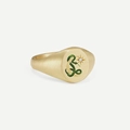 Gold brushed signet ring with green enamel snake and starburst zircon accent - Snake Pattern / Gold