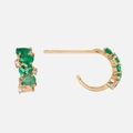 Golden C-shaped earrings with emerald green pear-cut gemstones and sparkling clear diamonds - May