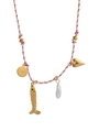 Pink woven fabric necklace featuring 18k gold heart, fish, and baroque pearl charms - Goldfish Pink Rope Style