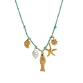 Ocean-themed braided scarf necklace with shell fish charms and 18k gold plated sun pendant - Goldfish Blue Rope Style