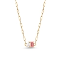 Gouden paperclip ketting met heldere druppelsteen en roze smaragd geslepen edelsteen - Rode Strass Ketting