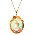 Vintage gold rabbit pendant necklace with enamel details and sparkling rhinestones - Gold Rabbit Necklace