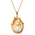 Vintage gold cat portrait pendant necklace with blue enamel and crystal crown detail - Gold Cat Necklace