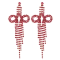 Macro shot of rose red rhinestone bow tassel earrings with sparkling gold metal chains - KC Gold-Rose Red