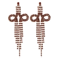 Detail of red rhinestone bow earrings with long gold tassel fringe for party - Burgundy Gold