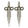 Detail of long tassel earrings with green rhinestones and golden bow-knot design - Dark Green KC Gold