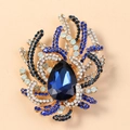 Elegant gold flower brooch with blue crystal teardrop and rhinestones for jackets - Antique Gold Royal Blue