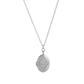 Detailed macro view of silver oval locket necklace featuring a diamond-set center - Zirconia Eye Oval