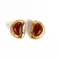Gold-plated stainless steel stud earrings with hammered texture and red resin stone - Hammered Irregular Oval Deep Red (GDE20251266)