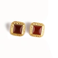 Vintage gold-plated square earrings with deep red resin inlay and textured border - Textured Square Reddish Brown (GDE20251268)