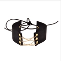 Gothic black wide corset choker with gold eyelets and crisscross metal chains - Black (KC Gold Stem)