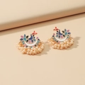 Exotic ethnic bohemian fan-shaped earrings with colorful enamel and cream pearl beads - Colorful Enamel Peacock Tassel Style (WEH1930)