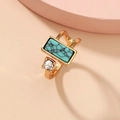 Boho golden toe ring with rectangular turquoise stone and crystal on wave band - Turquoise Gold