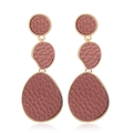 Detailed view of long tiered drop earrings with pink litchi grain leather and gold metal - Pink (KC Gold Stem)