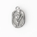 Ciondolo ovale in acciaio inossidabile argento con tulipano a rilievo e bordo ondulato - Fiore di Tulipano (5#) / Argento