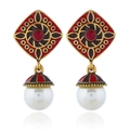 Macro detail of vintage style earrings with red enamel work and white pearl drop charms - Rhombus Red Gem Bell Style (WEH282 Red Antique Gold) / Antique Gold Red
