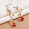 Elegant asymmetrical rose flower earrings with red enamel and gold chain detail - Red Vintage Rose Style (EH5708)