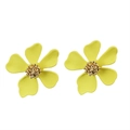 Close-up of matte yellow daisy earrings with textured golden stamen on white background - KC Gold Yellow (Yellow Flower Stud)