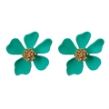 Detailed close-up of blue daisy petal earrings with golden textured centers on white - Dark Green Flower Stud