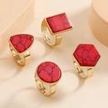 Four-piece adjustable gold alloy ring set with geometric red turquoise stones - Red Turquoise Geometric Style (WR699) / Gold