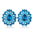 Detailed view of floral blue crystal stud earrings with drop-shaped rhinestones - Antique Silver Royal Blue
