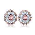 Detailed view of flower earrings with pink water drop crystal and multi-color stones - Antique Silver Champagne