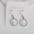 Vintage silver stainless steel earrings featuring Italian coin queen relief design - Earrings (One Pair)