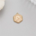 14K gold plated hexagonal charm pendant with 3D embossed letter P and bead edges - Letter P (P24279-P)