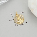 Macro detail of a 14K gold plated Buddha pendant with cubic zirconia stones and measurements - Pave Rhinestone Buddha Round Plate Style (h-12597)