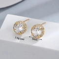 Macro detail of 9mm round halo zirconia earrings in S925 sterling silver with gold finish - 14K Gold