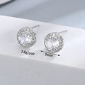 Detail view of 9mm round halo stud earrings showing size and weight specifications - Silver