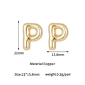 Detailed view of golden bubble P shape earrings with size measurements in copper material - 14K Gold Bubble Letter P Stud Earrings (D2039)