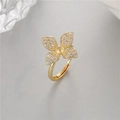 Adjustable gold clover ring with cubic zirconia setting for DIY pearl mounting - Clover Open Ring Base (H-9411)