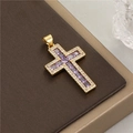 Detail of 14K gold cross pendant with purple zircon stones and white diamond accents - Gold Purple Zirconia