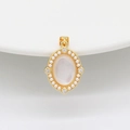 Vintage oval gold pendant with white mother-of-pearl, pearls, and diamond accents - 14K Gold Oval Shell Pearl Border (H-11996)