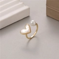 Elegant adjustable gold ring featuring a heart-shaped pearl shell and round pearl accent - Gold Heart Mother of Pearl & Artificial Pearl Style (H-8943)