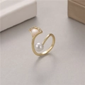 Golden open ring with ginkgo leaf design, white mother-of-pearl, and elegant pearl accent - Gold Ginkgo Leaf Artificial Pearl Style (H-8944 Artificial Pearl)